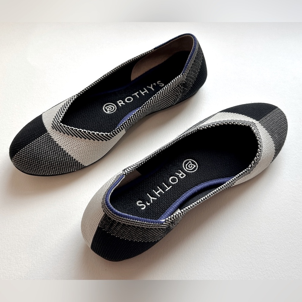 Rothy’s The Flat Cap Toe Plaid Ballet Flat Shoes Size 6.5 Black and White